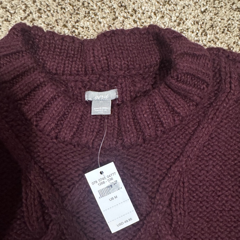 aerie Cable Knit Crew Sweater - Burgundy - Picture 2 of 3